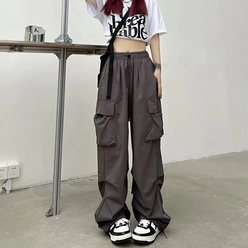 2024 Women Casual Joggers Tech Pants Solid Low Waist Pants Drawstring Wide Leg Baggy Trousers Y2k Streetwear Oversize Sweatpants