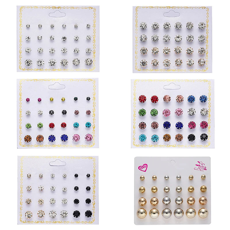 12 Pairs Colorful Rhinestone Earrings Sets For Women Gold Color Ball Ear Stud Earrings Bridal Wedding Jewelry Kit Bijouteria