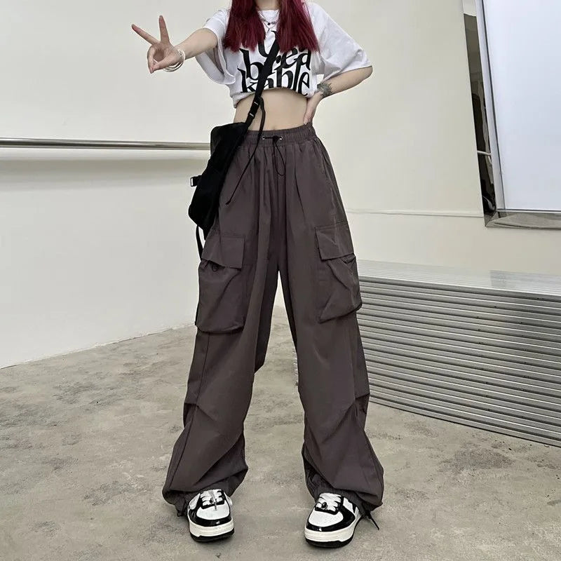 2024 Women Casual Joggers Tech Pants Solid Low Waist Pants Drawstring Wide Leg Baggy Trousers Y2k Streetwear Oversize Sweatpants