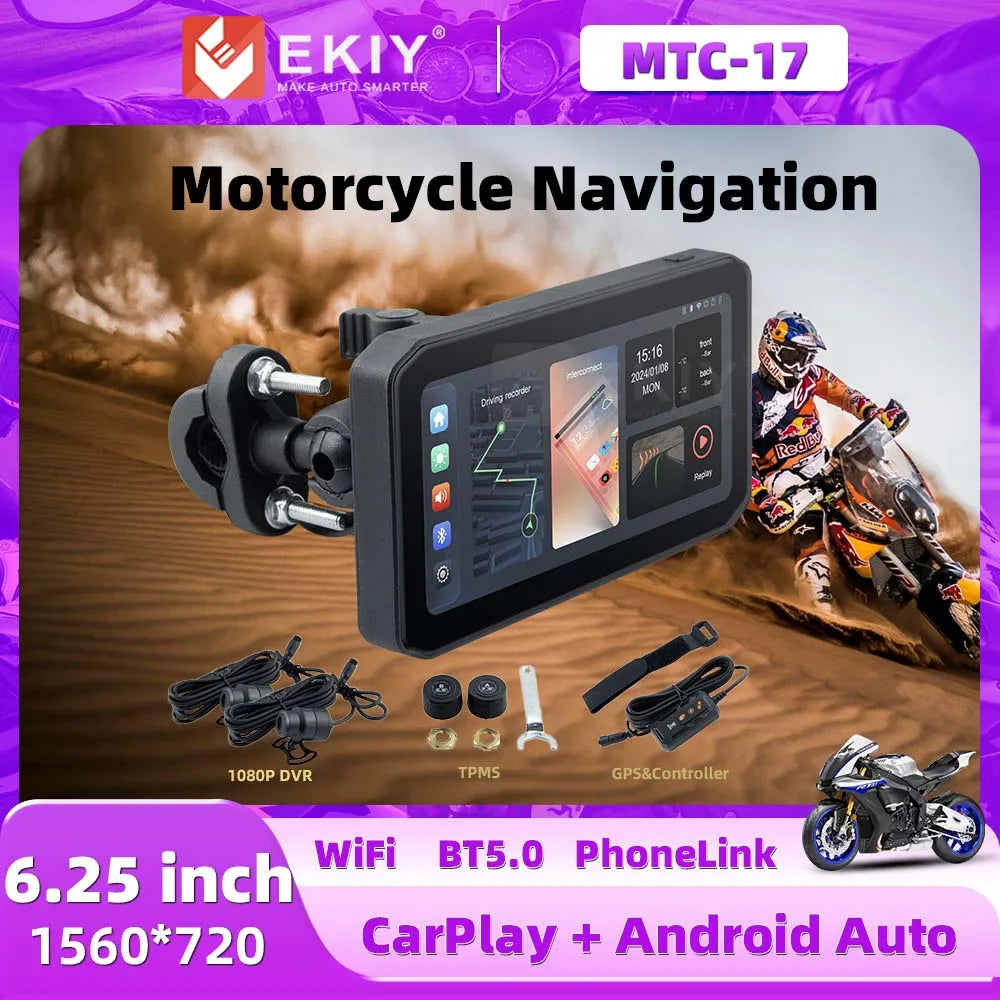 EKIY 6.25 inch Motorcycle Navigation CarPlay Camera Linux IP65 Waterproof Host Wireless Android Auto