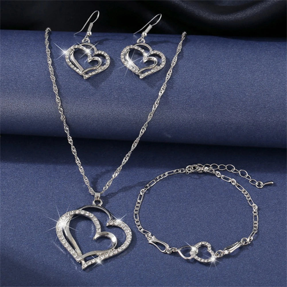 Exquisite Double Heart Necklace Earrings Bracelet Jewelry Set Charm Ladies Jewelry Fashion Bridal Accessory Set Romantic Gifts