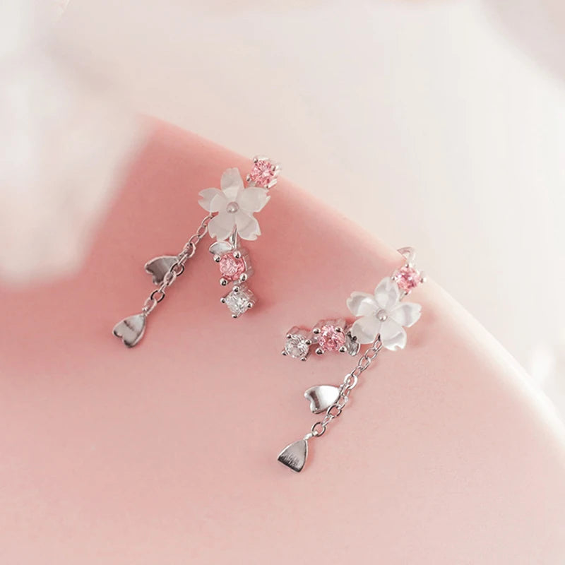 Romantic Pink Cherry Blossom Clavicle Chain Jewelry Set For Women Elegant Sweet Rose Flower Necklace Earrings Set Wedding Gift