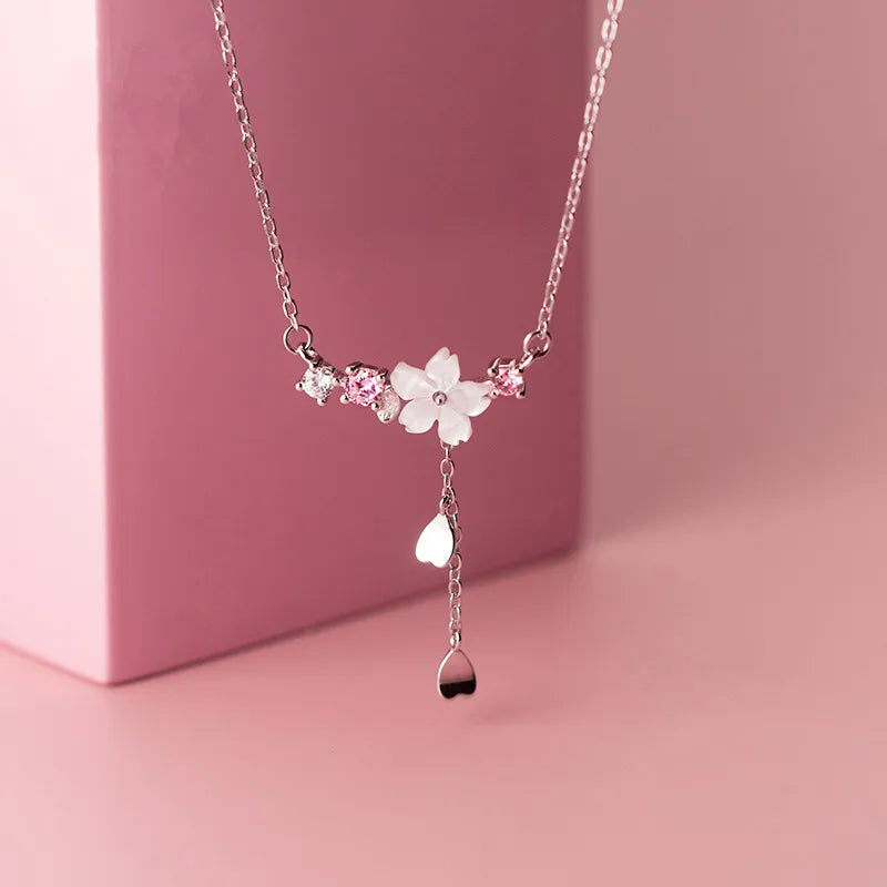 Romantic Pink Cherry Blossom Clavicle Chain Jewelry Set For Women Elegant Sweet Rose Flower Necklace Earrings Set Wedding Gift