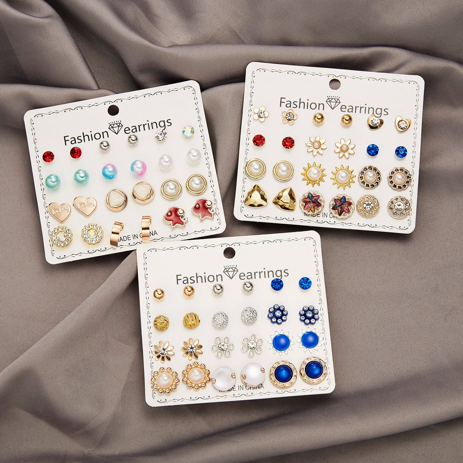 12 Pairs/Lot Heart Flower Earrings Set For Women Rhinestone Simulated Pearl Sun Star Stud Earrings Girls Party Jewelry Wholesale