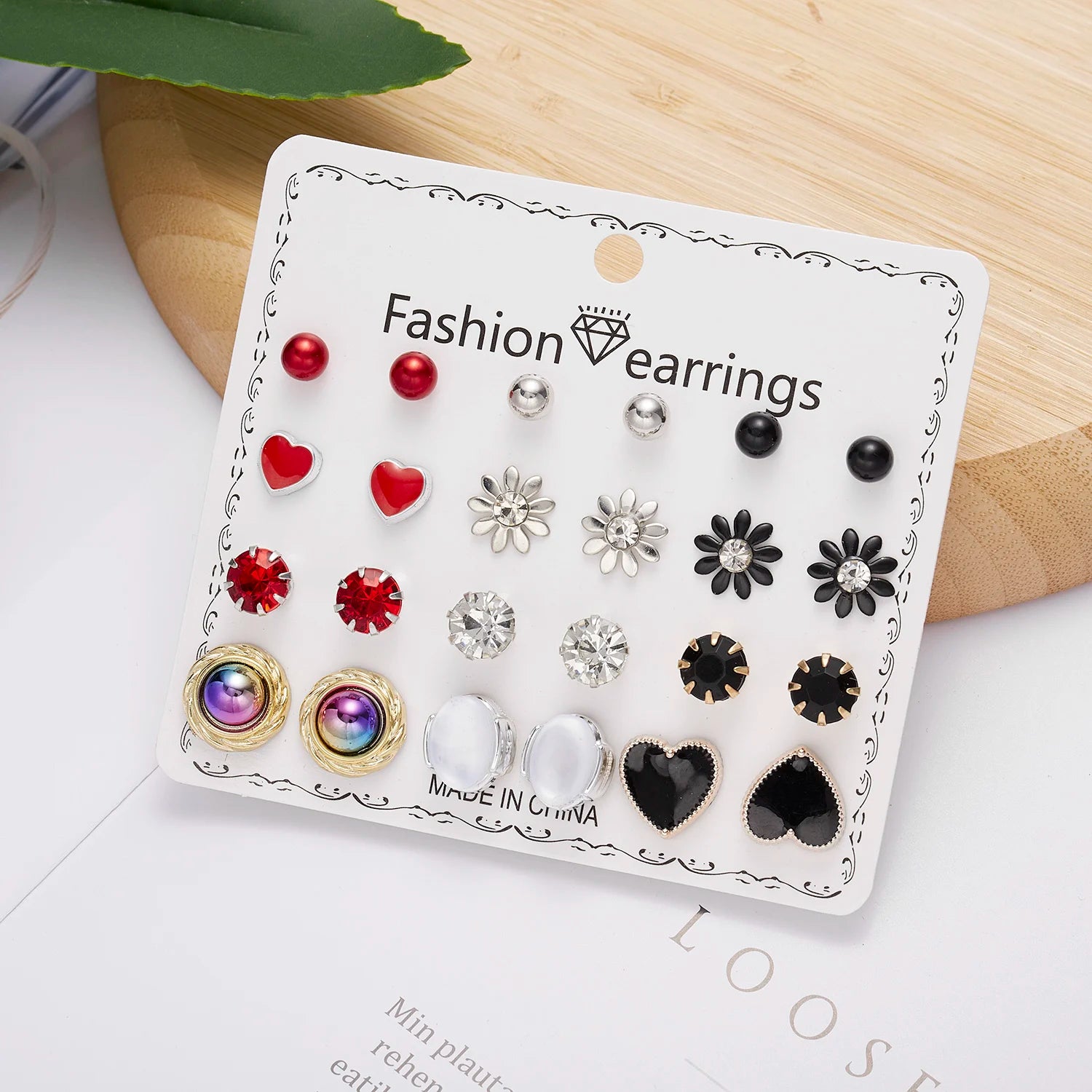 12 Pairs/Lot Heart Flower Earrings Set For Women Rhinestone Simulated Pearl Sun Star Stud Earrings Girls Party Jewelry Wholesale