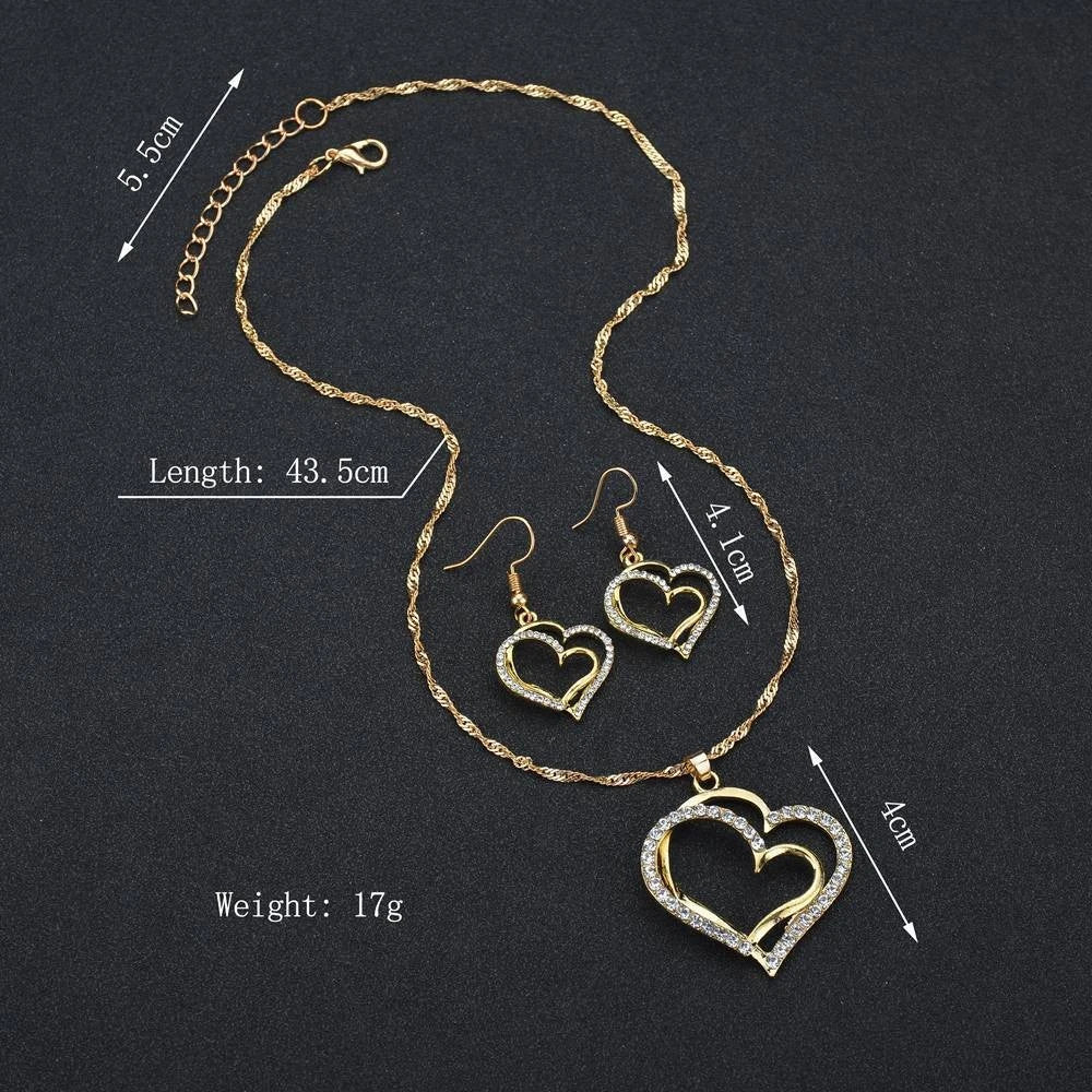 Exquisite Double Heart Necklace Earrings Bracelet Jewelry Set Charm Ladies Jewelry Fashion Bridal Accessory Set Romantic Gifts