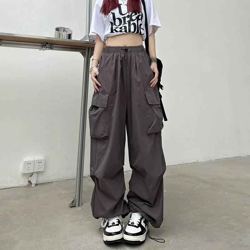 2024 Women Casual Joggers Tech Pants Solid Low Waist Pants Drawstring Wide Leg Baggy Trousers Y2k Streetwear Oversize Sweatpants