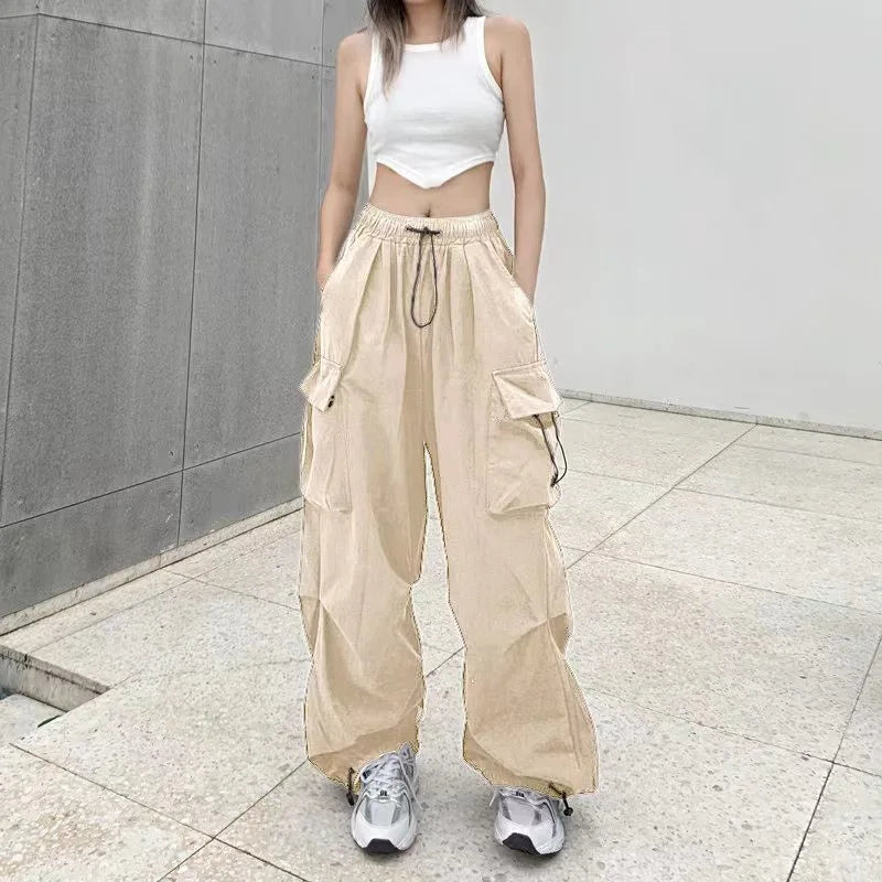 2024 Women Casual Joggers Tech Pants Solid Low Waist Pants Drawstring Wide Leg Baggy Trousers Y2k Streetwear Oversize Sweatpants