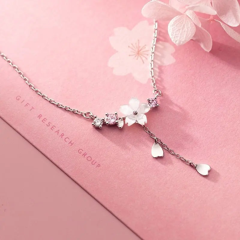 Romantic Pink Cherry Blossom Clavicle Chain Jewelry Set For Women Elegant Sweet Rose Flower Necklace Earrings Set Wedding Gift