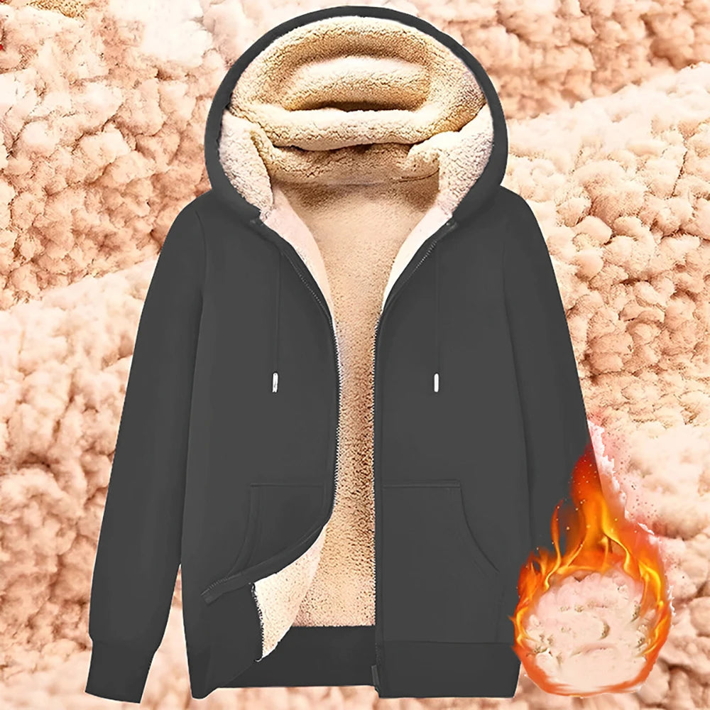 Trendy Sweatshirt Coat Front Pockets Warm Zipper Lamb Wool Jacket  Men and Woman Winter Pure Color Plush Lined Cardigan Hoodie