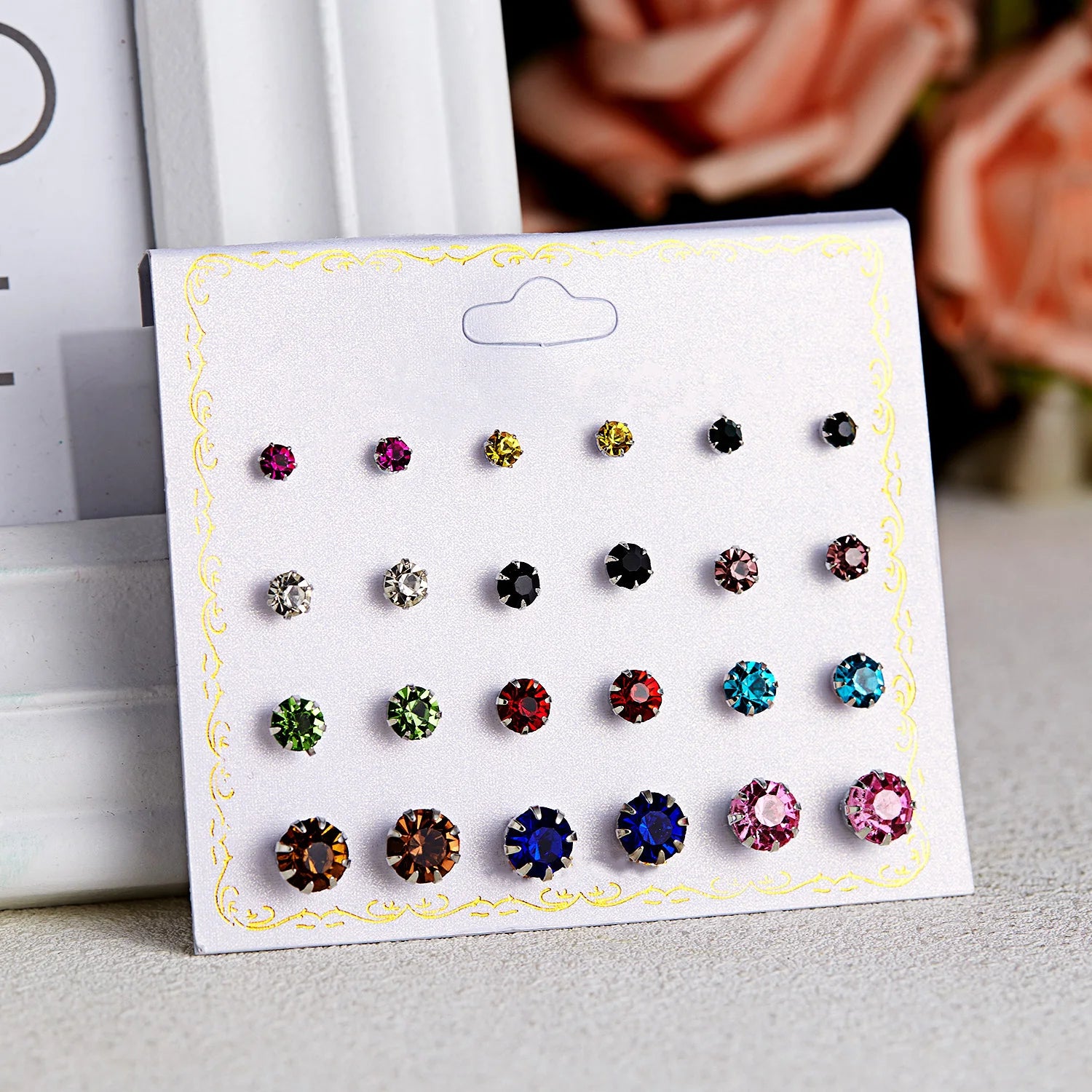 12 Pairs Colorful Rhinestone Earrings Sets For Women Gold Color Ball Ear Stud Earrings Bridal Wedding Jewelry Kit Bijouteria