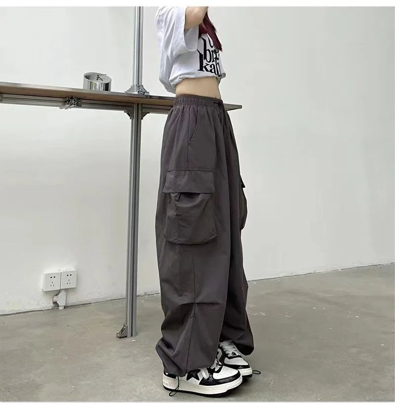 2024 Women Casual Joggers Tech Pants Solid Low Waist Pants Drawstring Wide Leg Baggy Trousers Y2k Streetwear Oversize Sweatpants