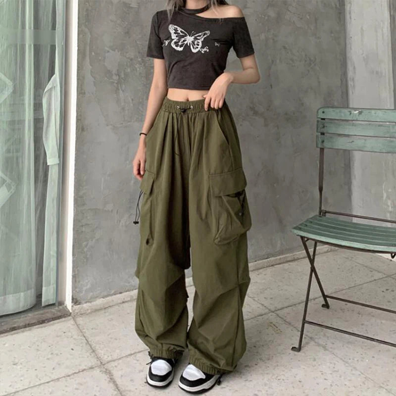 2024 Women Casual Joggers Tech Pants Solid Low Waist Pants Drawstring Wide Leg Baggy Trousers Y2k Streetwear Oversize Sweatpants