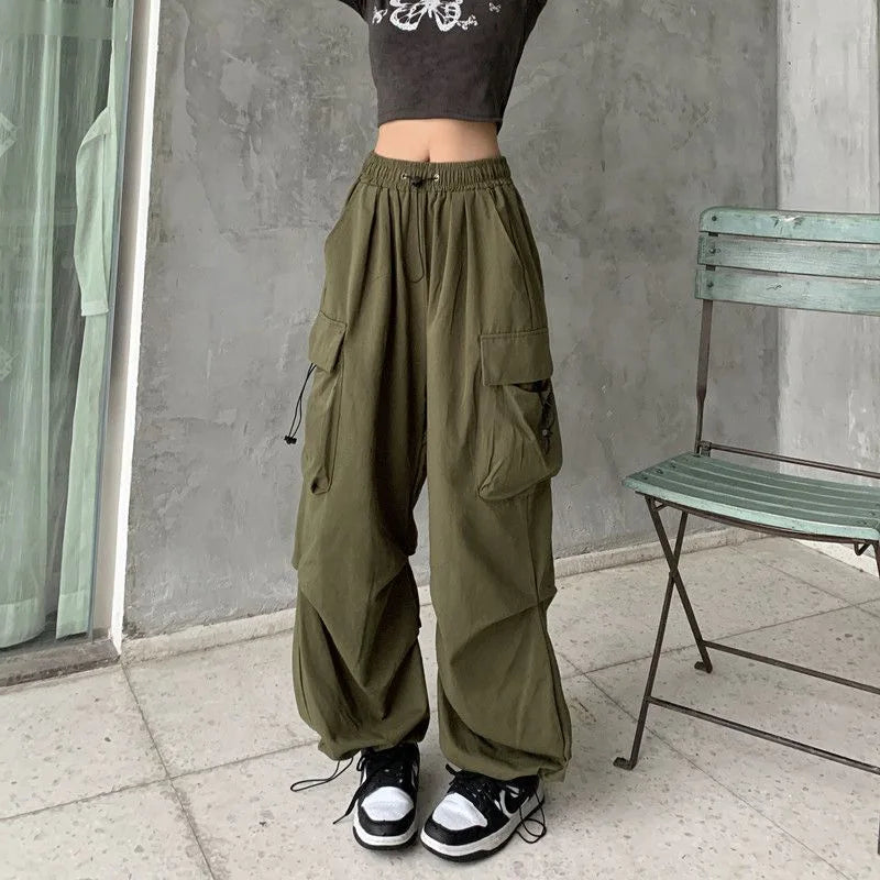 2024 Women Casual Joggers Tech Pants Solid Low Waist Pants Drawstring Wide Leg Baggy Trousers Y2k Streetwear Oversize Sweatpants