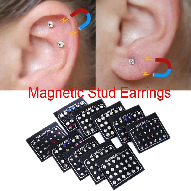 24Pcs/Set Unisex Stainless Steel Round Magnetic Non-Piercing Clip On Stud Earrings 3mm Crystal Round Ear Stud