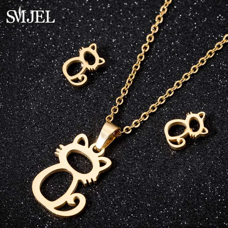 Lovely Gold Color Kitten Cat Stainless Steel Jewelry Set Necklaces Girl Collares Fashion Hollow Cat Earring Necklace Paw Jewelry