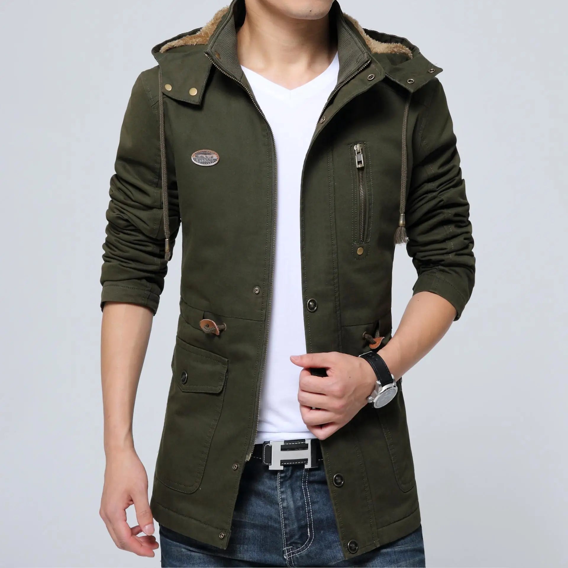 Casual Loose Autumn Winter Men Trench Coat Fashion Hooded Windproof Windbreakers Pockets Zipper Men Jackets M-5Xl Streetwear