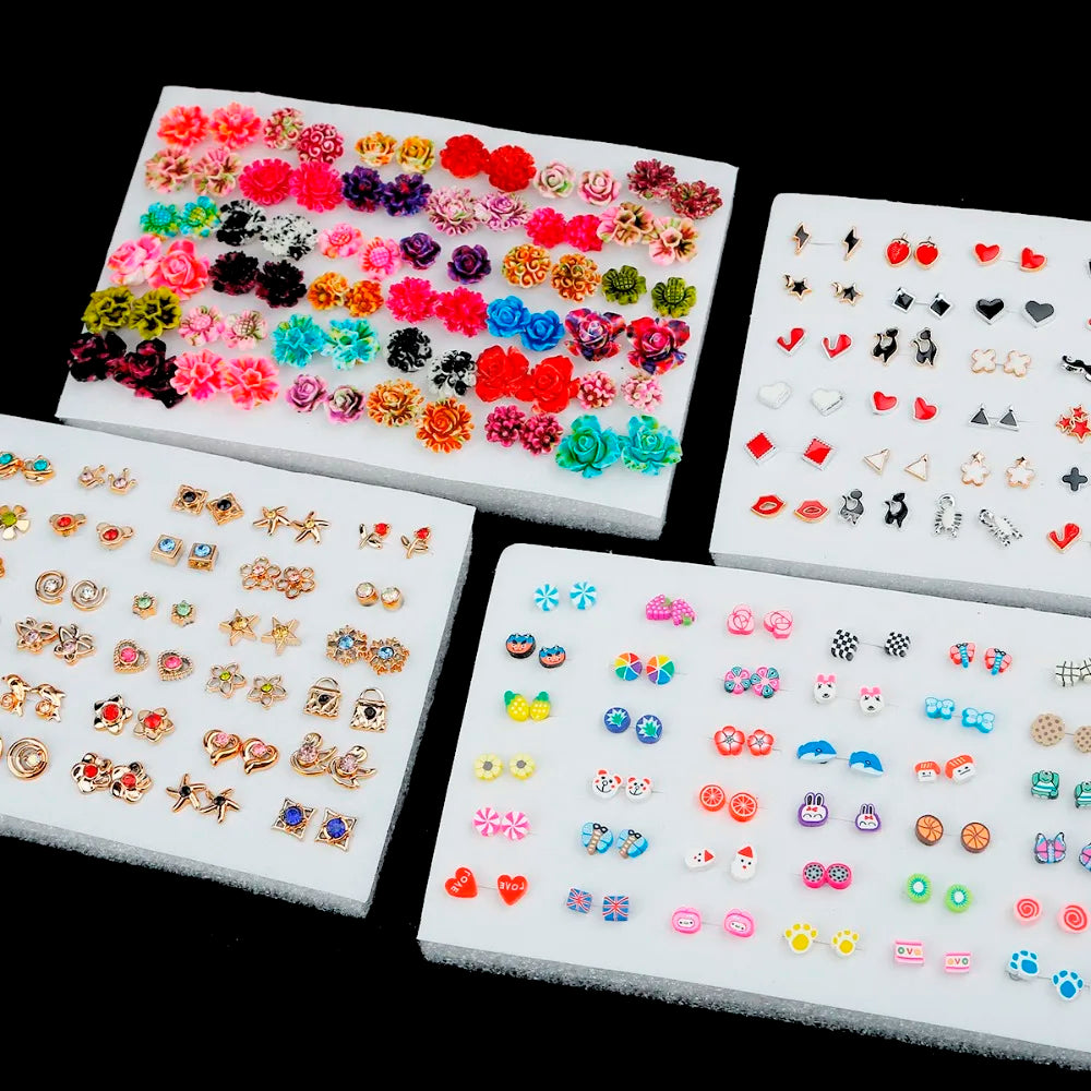 Mixed Rhinestone Small Earrings Plastic Flowers Moon Heart Star Moon Ear Stud Earrings Set For Women Lady Piercing Jewelry