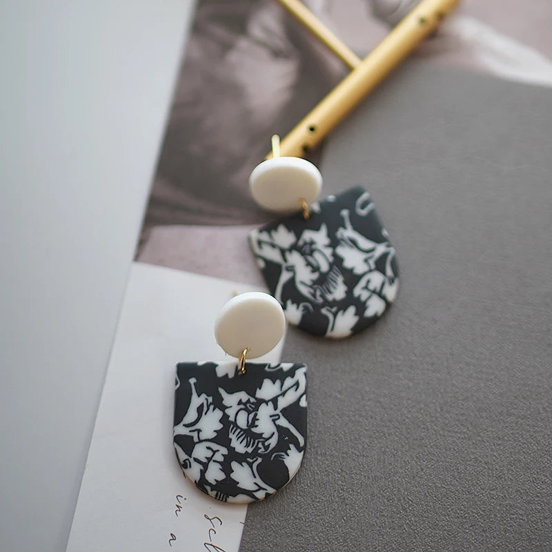 Black White Classic Floral Animal Pattern Elegant Big Multi Size Drop Long Dangle Unique Chandelier Polymer Clay Earrings Sets