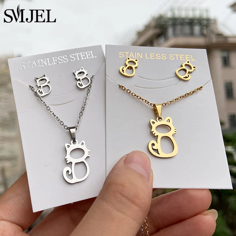 Lovely Gold Color Kitten Cat Stainless Steel Jewelry Set Necklaces Girl Collares Fashion Hollow Cat Earring Necklace Paw Jewelry