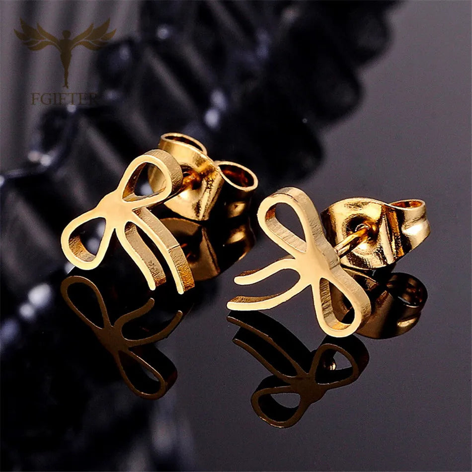 Bohemia Bowknot Earrings for Girl Women Bow Rosette Design Style Ear Studs Stainless Steel Earings Wholesale 12 Pairs Pack Gifts