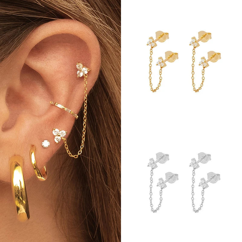 CRMYA Gold Silver Color Chain Stud Earrings For Women Flower Cross CZ Zircon Long Piercing Earring Ear Rings Jewelry Wholesale