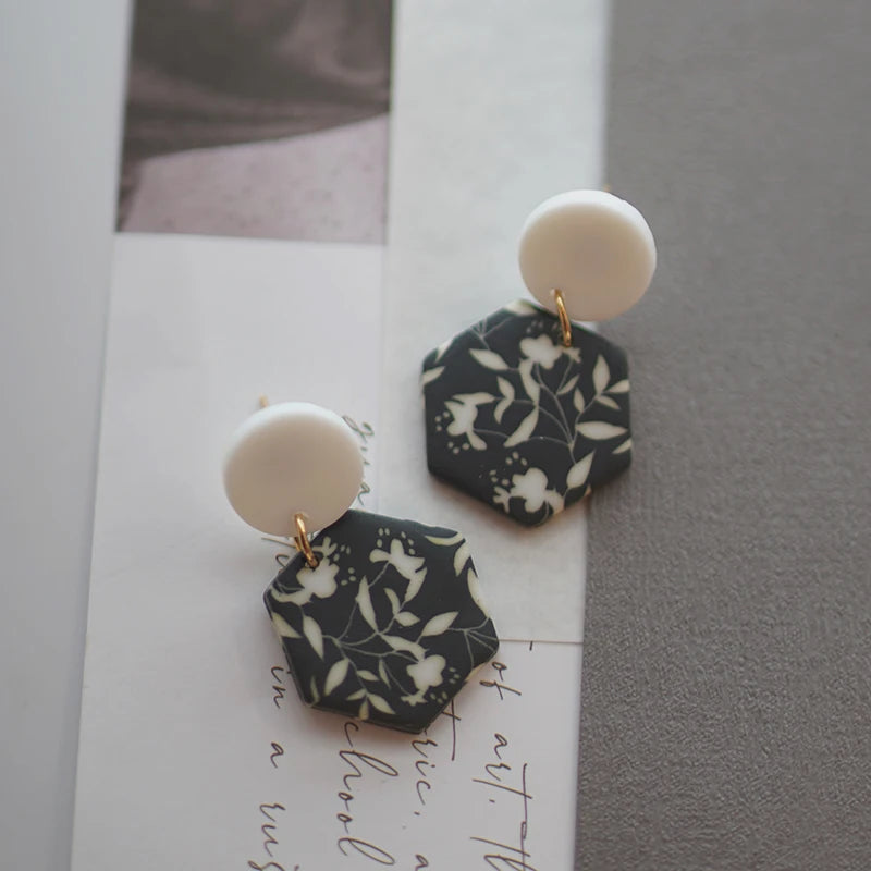 Black White Classic Floral Animal Pattern Elegant Big Multi Size Drop Long Dangle Unique Chandelier Polymer Clay Earrings Sets