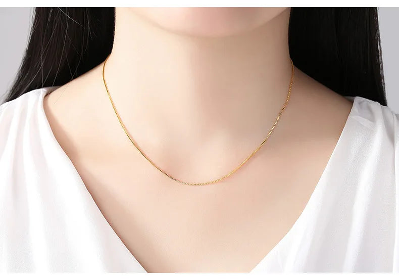 HOYON Pure 14k Gold Color Necklace Women's Neck Collar Real Gold Box/ O Cross/ Snake Bone/Water Wave/Clavicle Chain Jewelry