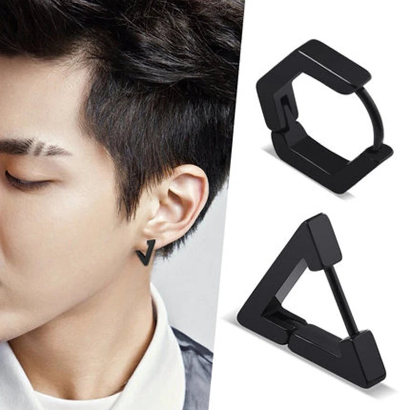 Fashion Gothic Triangle Square Unisex Punk Rock Stainless Steel Men Women Ear Stud Earrings Pierced Push-Back Ear Plug Buckle