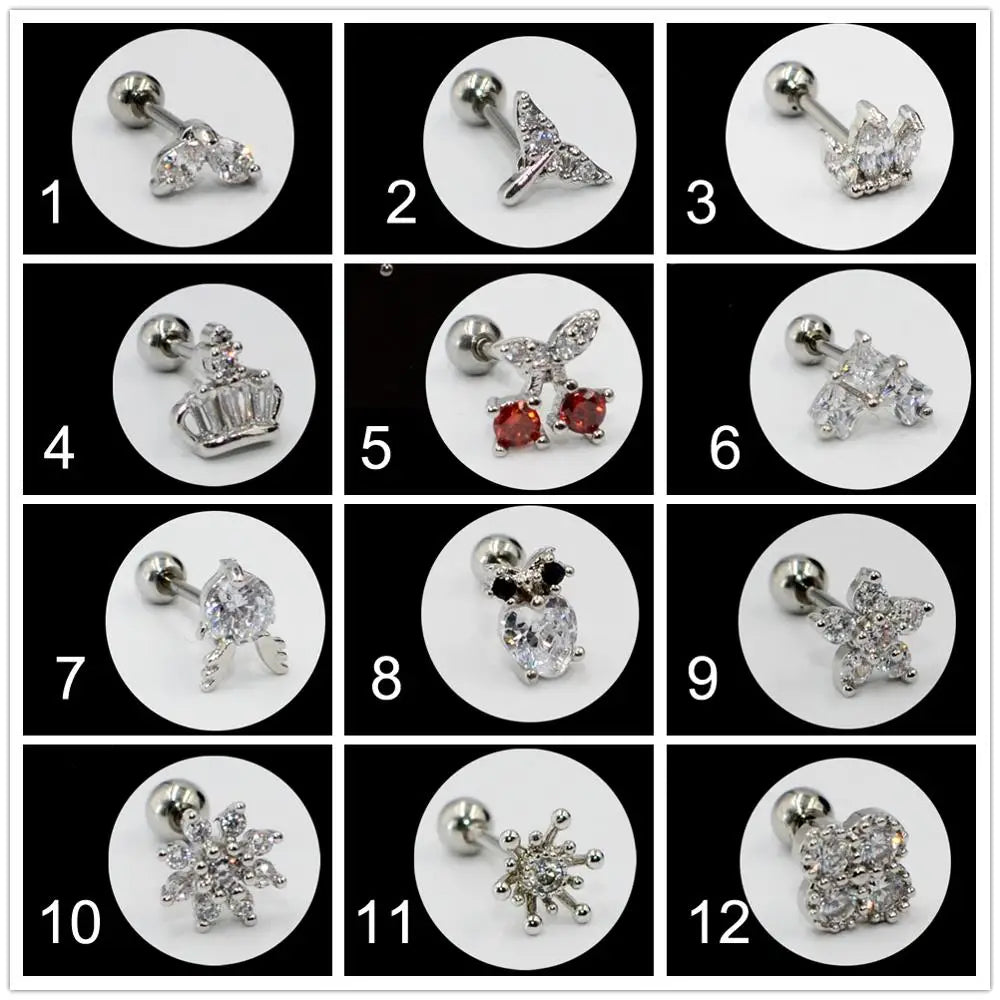 1PC steel Zircon Ear Tragus Cartilage Stud Helix Rook Conch Screw Back Earring 20g Stainless Steel Ear Body Piercing Jewelry