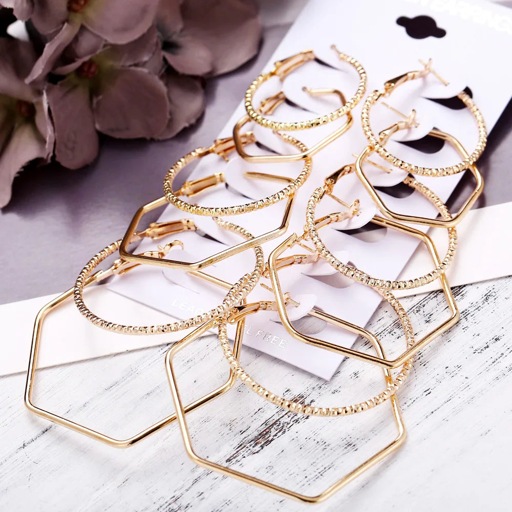 Fashion Hyperbolic Hoop Earrings Set For Women Gold Silver Color Small Big Polygon Circle Earring Female Trendy Jewelry Gift