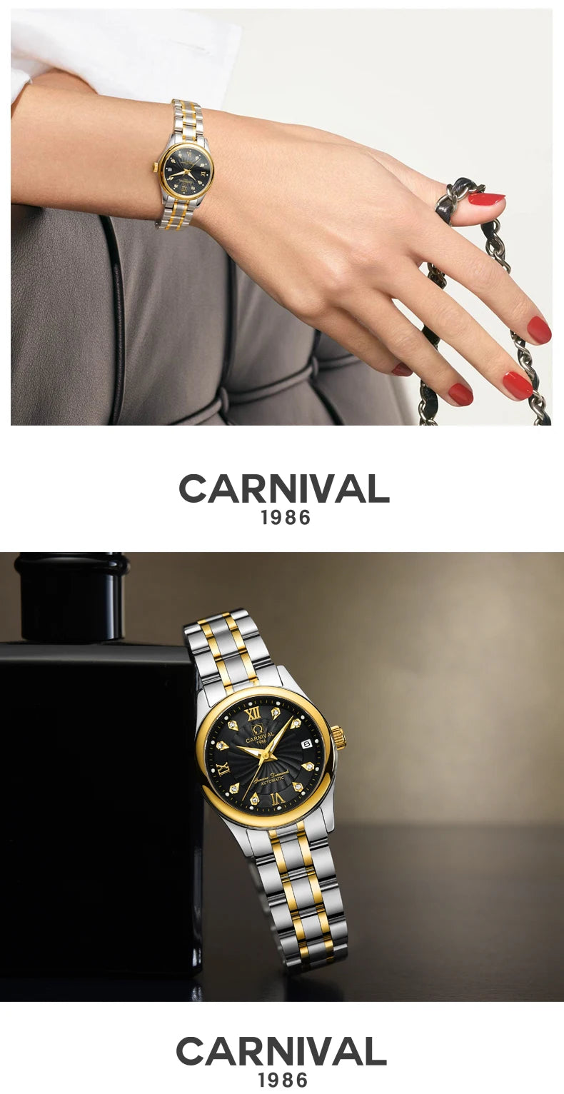 CARNIVAL Brand Luxury Mechanical Watch for Women Ladies Fashion Sapphire Automatic Movement Wristwatches Waterproof Reloj Mujer