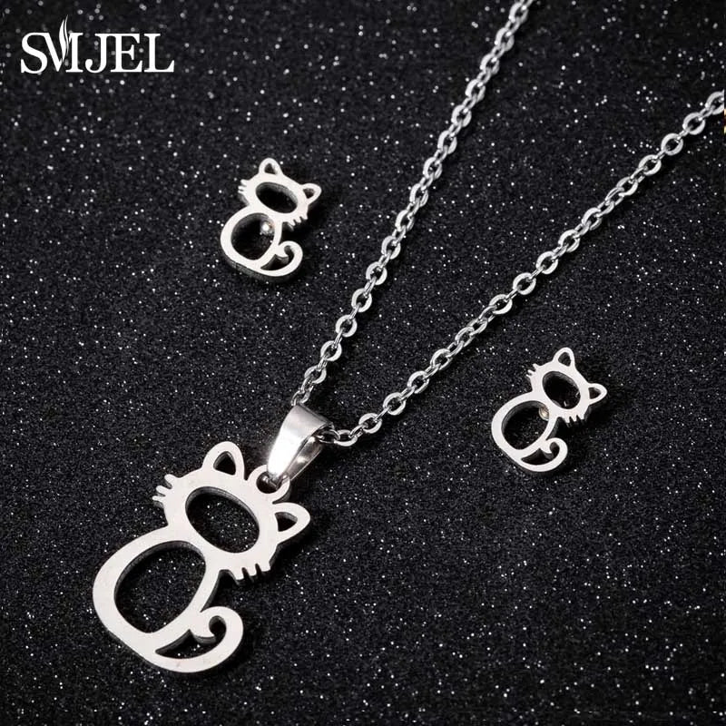 Lovely Gold Color Kitten Cat Stainless Steel Jewelry Set Necklaces Girl Collares Fashion Hollow Cat Earring Necklace Paw Jewelry