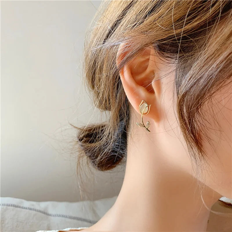 Fashion Elegant Cute Opal Rose Flower Stud Earrings For Women Students Delicate Micro Pave Zircon Necklace Jewelry Set Oorbellen