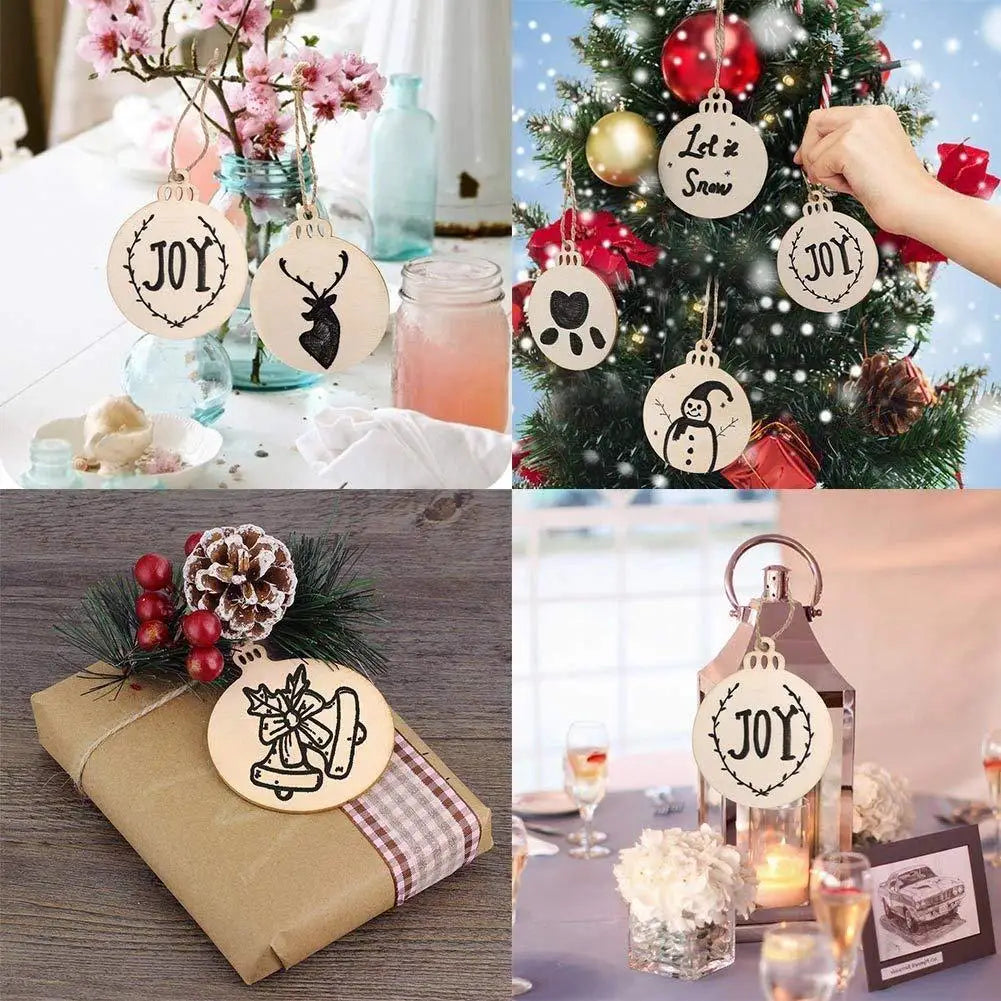 10pcs Wooden Tree Embellishments Wood Christmas Tree Blanks with Twines for Christmas DIY Craft Card Decor