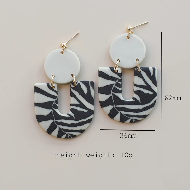 Black White Classic Floral Animal Pattern Elegant Big Multi Size Drop Long Dangle Unique Chandelier Polymer Clay Earrings Sets