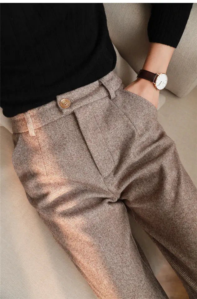 Woolen Pants Women's Harem Pencil Pants 2024 Autumn Winter High Waisted Casual Suit Pants Office Lady Women Trousers