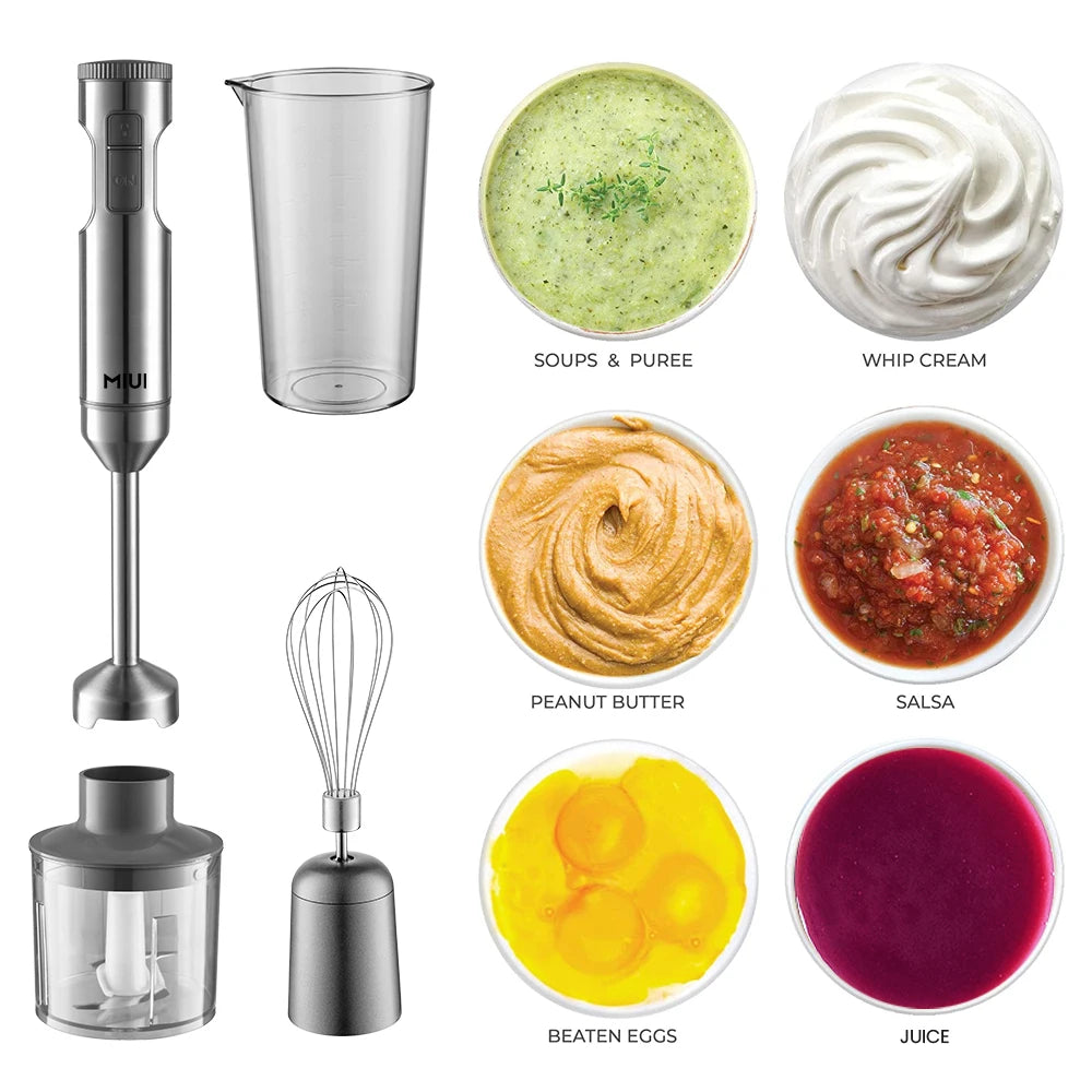 MIUI Hand Immersion Blender 1000W Powerful 4-in-1,Stainless Steel Stick Food Mixer,700ml Mixing Beaker,500ml Processor,Whisk