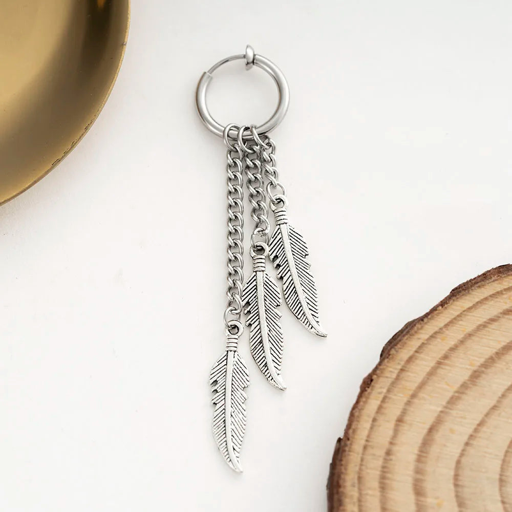 Men Punk Stainless Steel Stud Earring Earrings Feather Tassel Long Chain Pendant Unisex Trend Rock Hipster Ear Clip Woman Gift