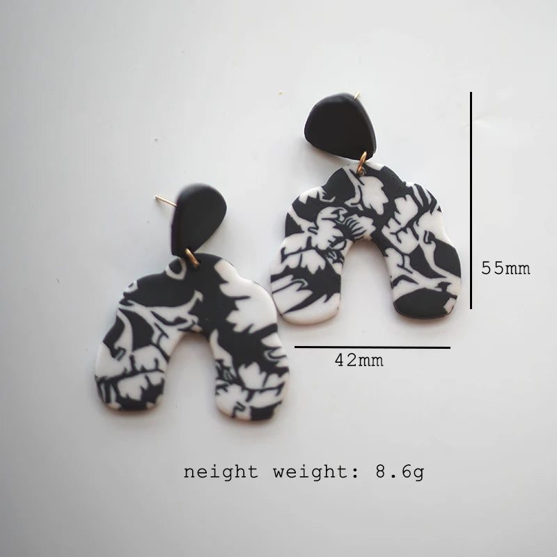 Black White Classic Floral Animal Pattern Elegant Big Multi Size Drop Long Dangle Unique Chandelier Polymer Clay Earrings Sets