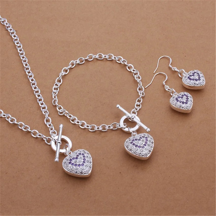 Hot charm 925 sterling silver Jewelry sets fine heart crystal pendant necklace bracelets earrings for women Fashion Party Gifts