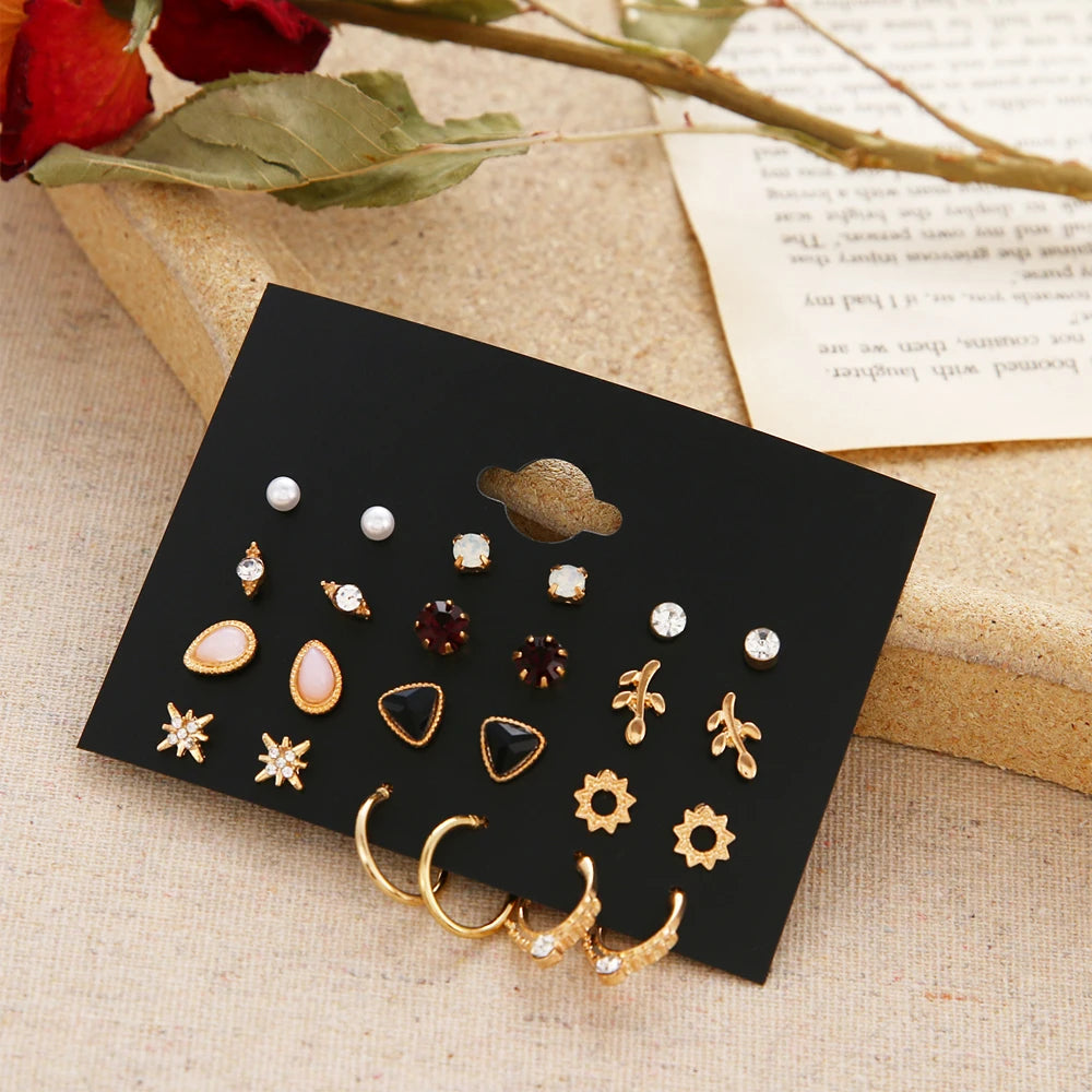 12 Pairs/Set Women's Earrings Pearl Earrings For Women Bohemian Fashion Jewelry 2021 Geometric Crystal Heart Stud Earrings New