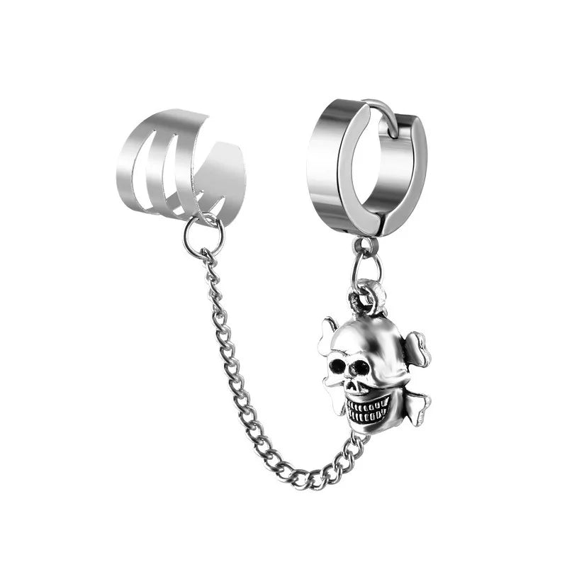 1Pcs Stainless Steel Ear Clip Earrings for Men Women Punk Cross Star Skull Non Piercing Fake Earrings Chain Pendant Hoop Earring