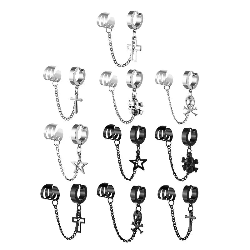 1Pcs Stainless Steel Ear Clip Earrings for Men Women Punk Cross Star Skull Non Piercing Fake Earrings Chain Pendant Hoop Earring