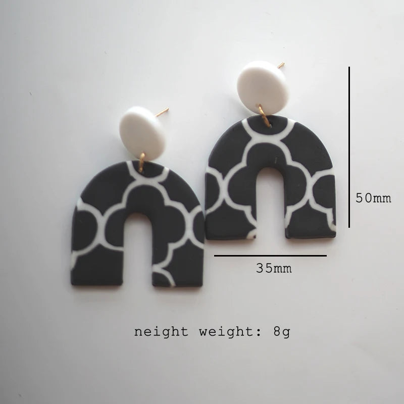 Black White Classic Floral Animal Pattern Elegant Big Multi Size Drop Long Dangle Unique Chandelier Polymer Clay Earrings Sets