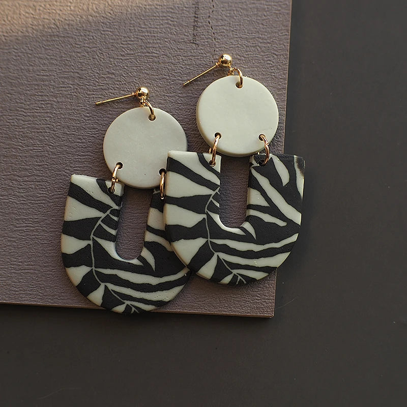 Black White Classic Floral Animal Pattern Elegant Big Multi Size Drop Long Dangle Unique Chandelier Polymer Clay Earrings Sets