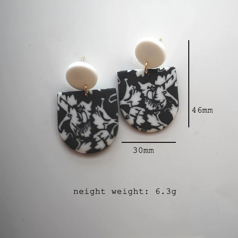 Black White Classic Floral Animal Pattern Elegant Big Multi Size Drop Long Dangle Unique Chandelier Polymer Clay Earrings Sets