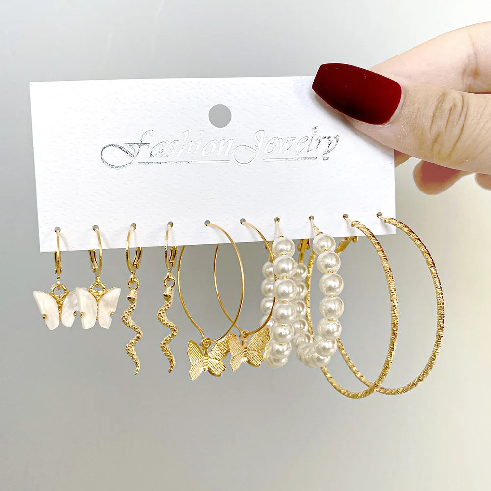 LATS Trendy Gold Color Butterfly Hoop Earrings Set for Women Snake Pearl Resin Hoop Earrings Cute Brincos Party Fashion Jewelry