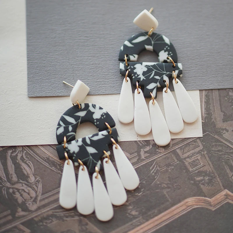 Black White Classic Floral Animal Pattern Elegant Big Multi Size Drop Long Dangle Unique Chandelier Polymer Clay Earrings Sets