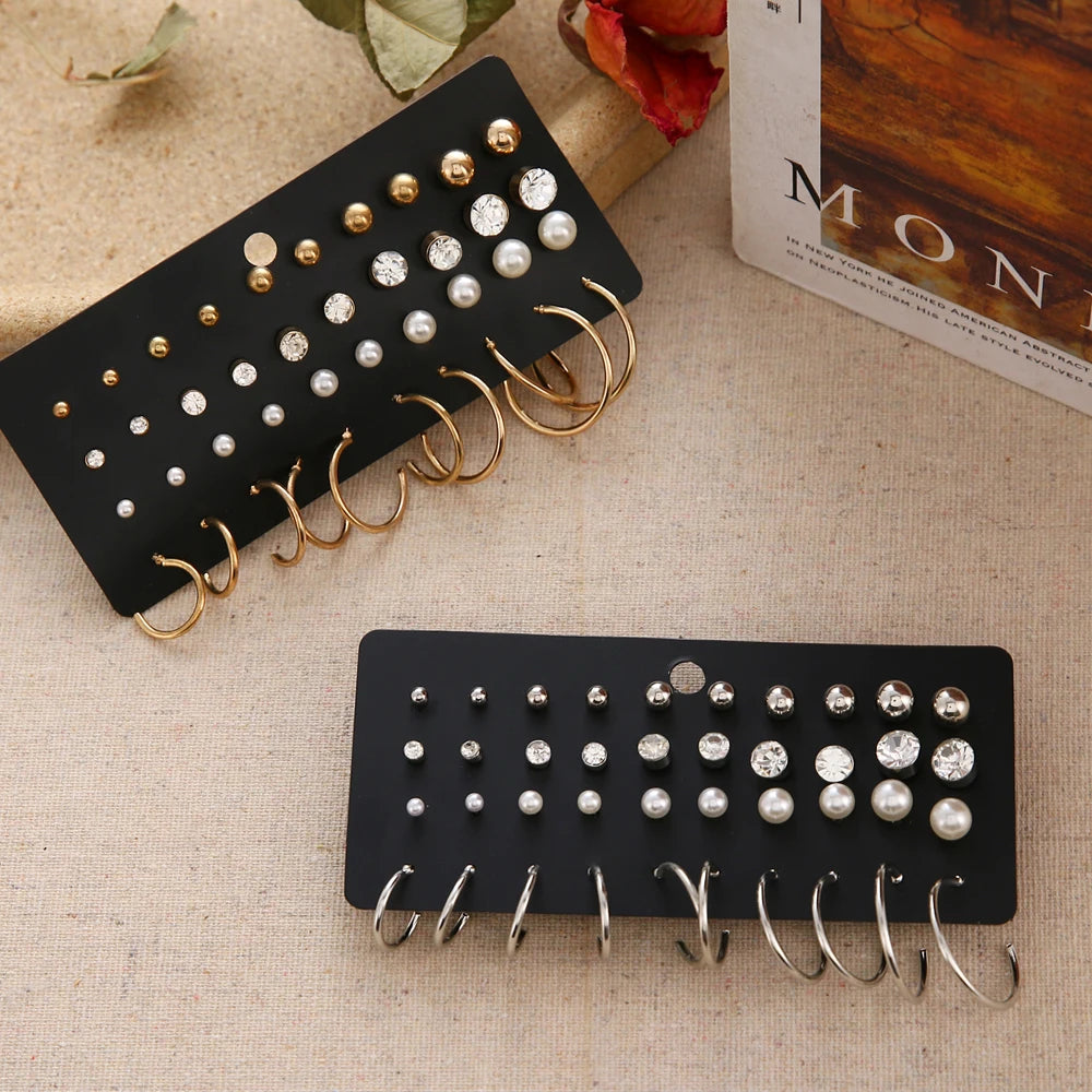 12 Pairs/Set Women's Earrings Pearl Earrings For Women Bohemian Fashion Jewelry 2021 Geometric Crystal Heart Stud Earrings New